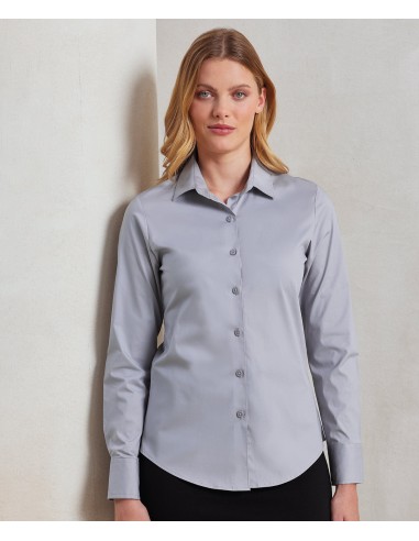 P-PR344-Womens Stretch Fit Poplin Long Sleeve Cotton Shirt